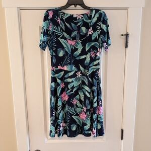 Old Navy Black/Green Tropical Palm Print Jersey Fit And Flare Dress, Size M